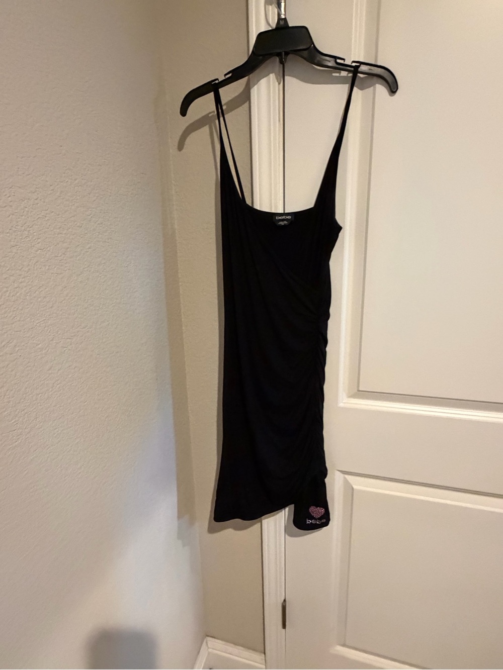 bebe Black Ruched Slip Dress with Heart Patch